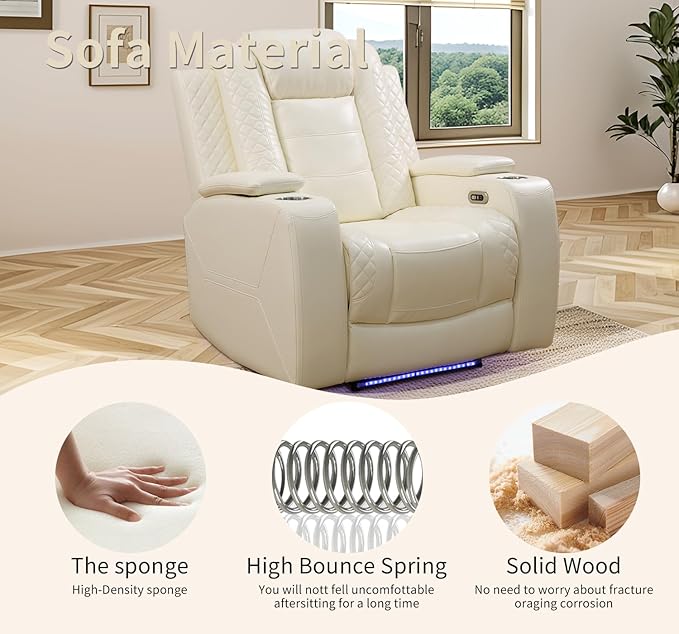 Caberryne Power Recliner Chair with LED Lights,Leather Reclining Couch with Storage Console/Arm Cup Holder for House/Home Theater/Small Space/Rv(Single Chair,Creamy)