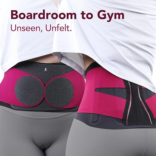 Fitomo 0.5mm Ultra Thin Back Brace for Women Men, Seamless Yoga Fabric for All Day Comfort, Wear under Clothes, Enhanced Lumbar Pad for Lower Back Pain Relief, Sciatica, Posture, Lifting, Rose, Size L