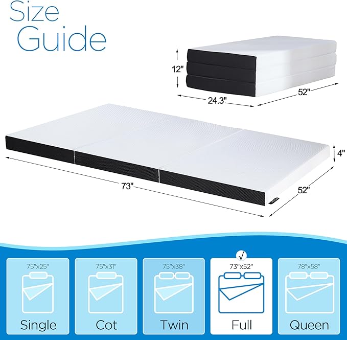 Roxzo 4-inch Full Size Memory Foam Trifold Mattress with Washable Fabric Cover, Foldable Floor Mattress for Camping & Guest Beds, 73x52x4 inches