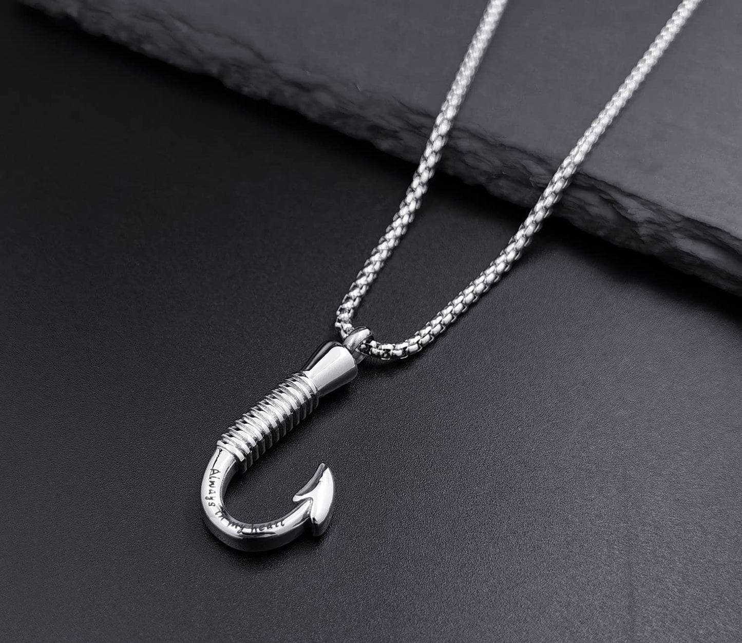 YOUFENG Fishing Hook Urn Necklace for Ashes Stainless Steel Cremation Jewelry Always in My Heart Ashes Necklaces Memorial Keepsa