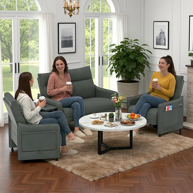 Tbillionnext 3-Piece Living Room Sofa Set, Faux Leather Loveseat & Accent Chairs Set of 2 with Hidden Foldable Tray & Side Pocket, Rear Contour Arm Design, Upholstered Sofa Set for Office, Gray