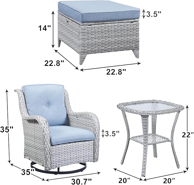Patio Furniture Swivel Chairs Set - 5 Piece Rattan Wicker Outdoor Sectional Conversation Sets with 2 Swivel Rocking Chairs,2 Ottomans and 1 Side Table for Porch Deck Garden(Light Grey/Sky Blue)