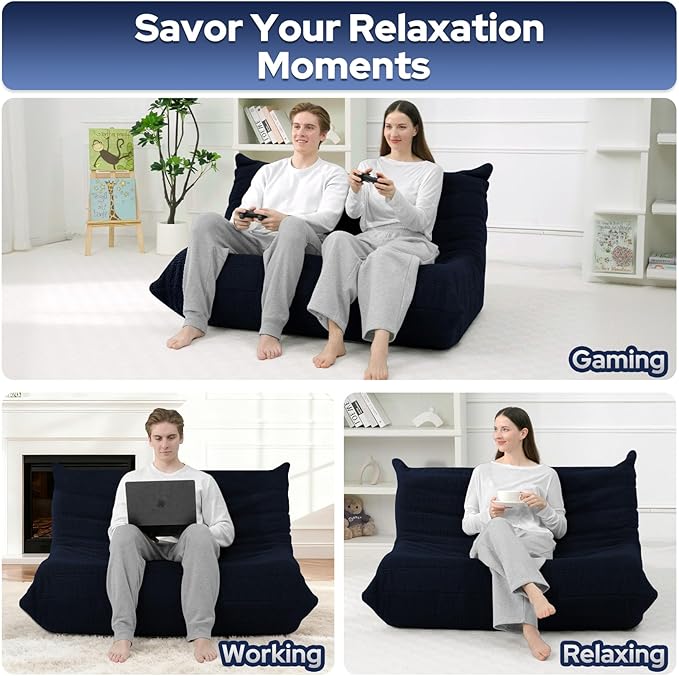HABUTWAY Bean Bag Chairs Fireside Lazy Floor Sofa, Soft Teddy Fleece 2 Seater Sofa with High-Resilience Foam Filling，Beanbag for Living Room, Bedroom, Office (Navy Blue Teddy)