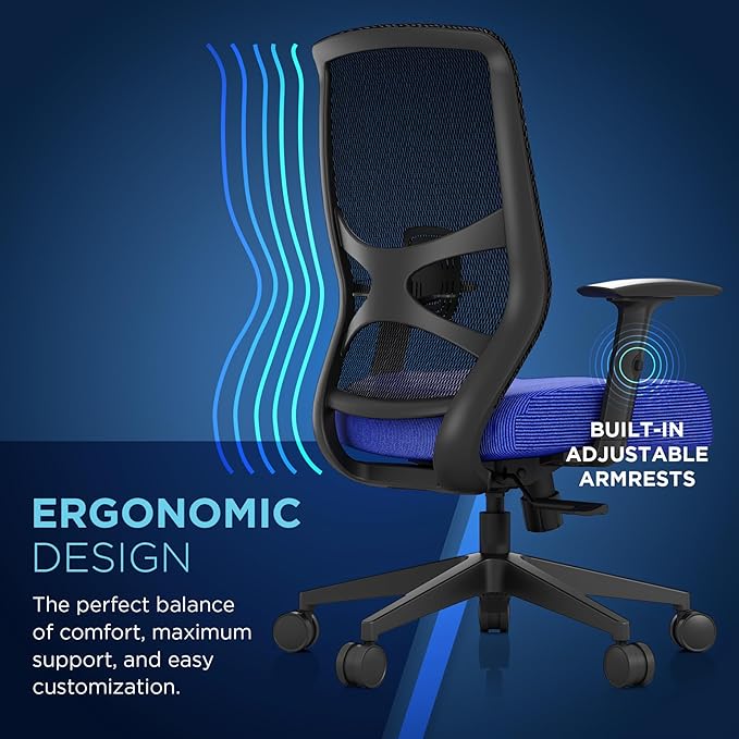 Tempur-Pedic ProTask Executive Task Office Chair with Cooling Gel Layer and Built-in Lumbar Support, Height-Adjustable Ergonomic Mesh Office Desk Chair, Blue
