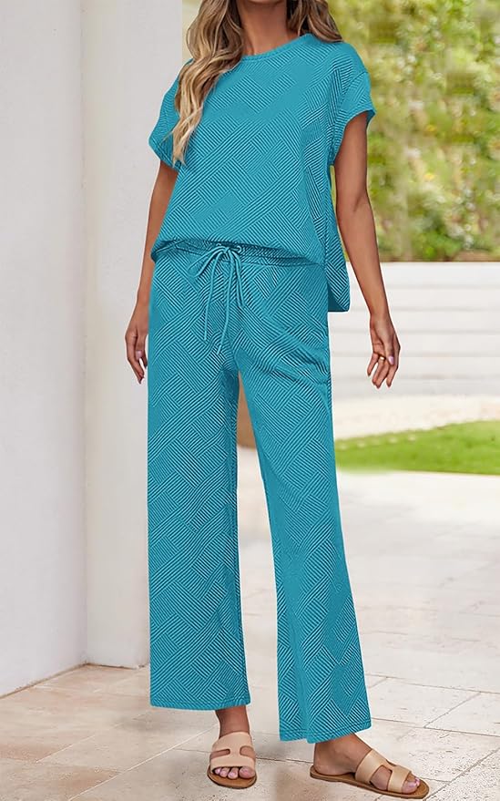 PRETTYGARDEN 2 Piece Outfits For Women Casual Tracksuit Short Sleeve Tops And Wide Leg Long Pants Matching Lounge Sets