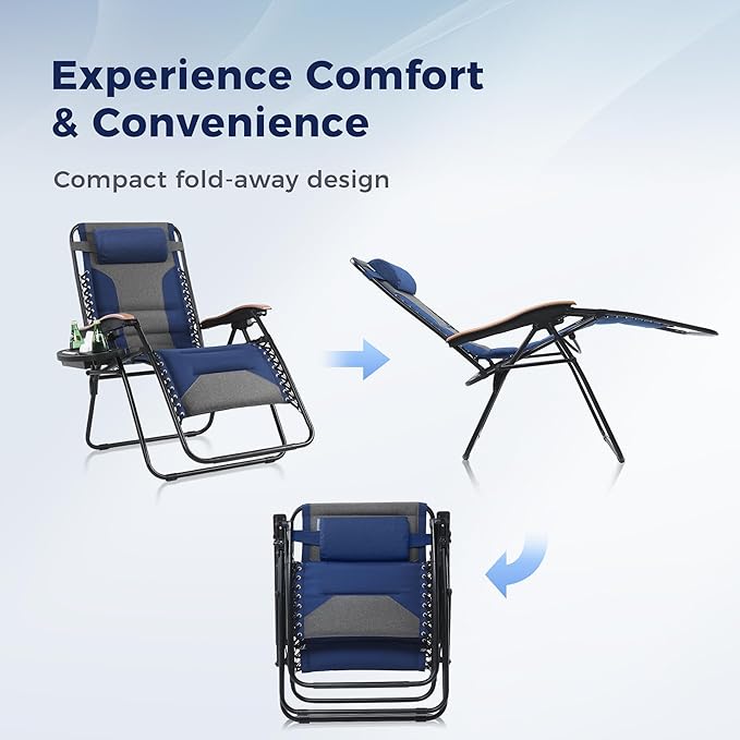 MAISON ARTS Oversized XXL Zero Gravity Chair Set of 2, 30" Wide Seat Padded Foldable Recliner, Anti Gravity Outdoor Lawn Chair for Poolside/Backyard/Beach, Supports 400lbs, Blue & Grey