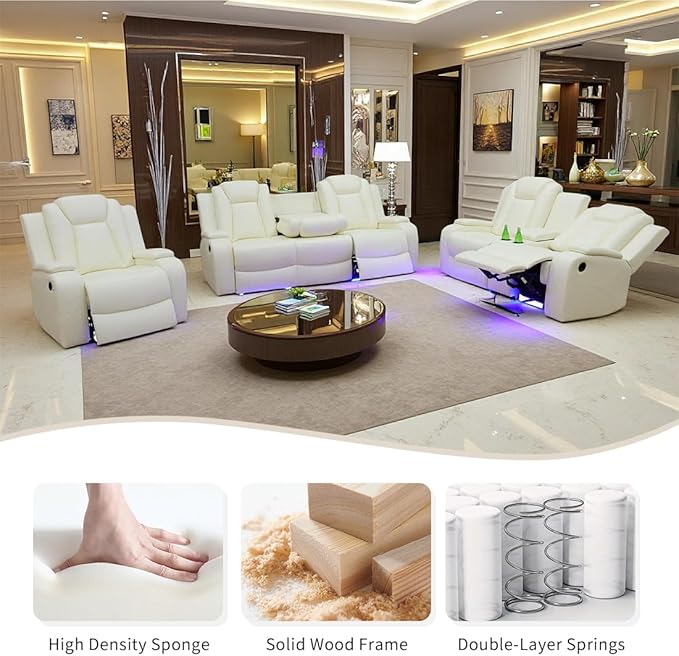Toseslo Power Recliner Sofa Set, Leather 3 Pieces Sectional Couch, Living Room Furniture Sets with LED Light, Modern Power Reclining Sofa Sets with Storage Console for Living Room(Creamy White)