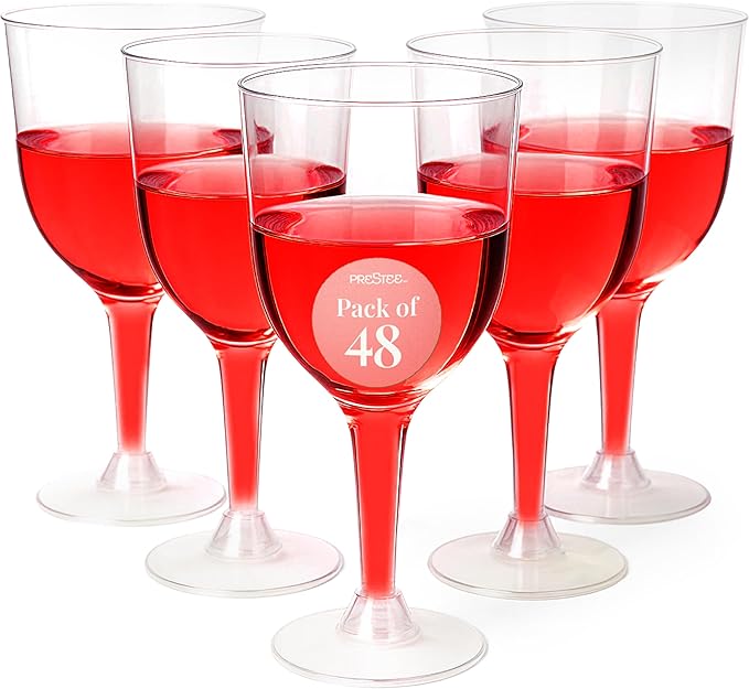 Prestee Stemmed Disposable Wine Glasses - 10 oz Clear Plastic Wine Glasses BPA-Free - Easy Assembly for Parties Weddings P...