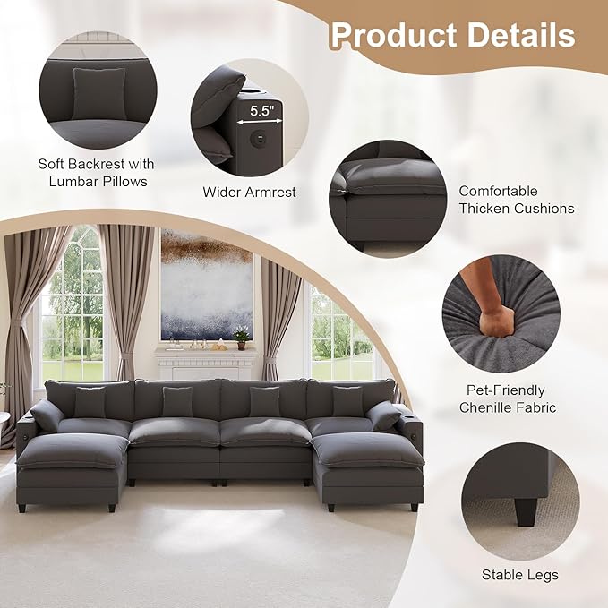KCGKCG 152" Modular Sectional Sofa, U Shaped Cloud Couch with Movable Ottoman, Chenille Deep Seat Cloud Sofa with Charging Station, Cup Holder, Side Pocket, Sectional Couches for Living Room, Grey