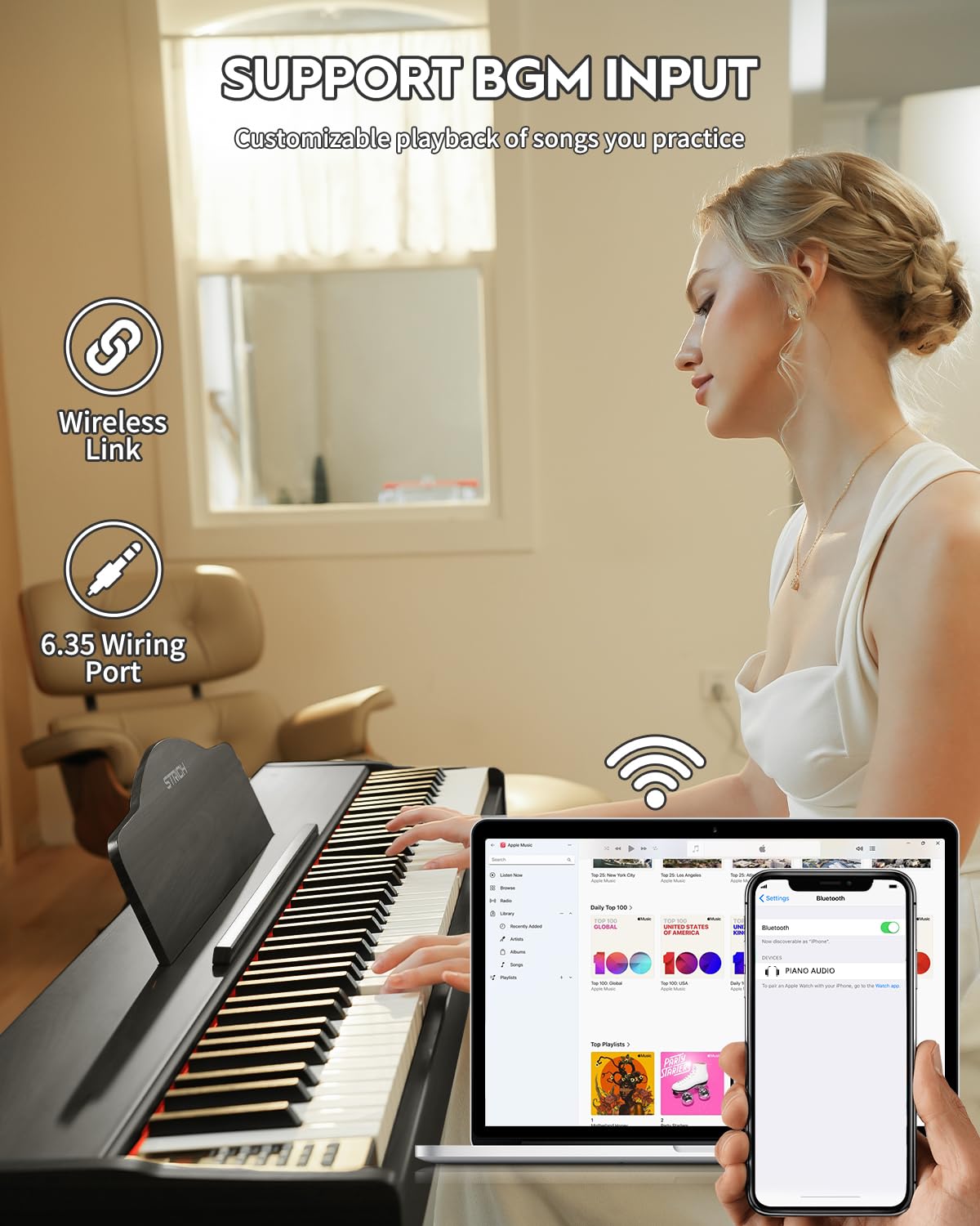 STRICH Digital Piano 88 Keys, Hammer-Action Weighted Keyboard, Full size Electric Piano Keyboard with Furniture Stand, 25Wx2 Speakers, Supports USB-MIDI/Wireless Connect, SDP-300W (Color Black)