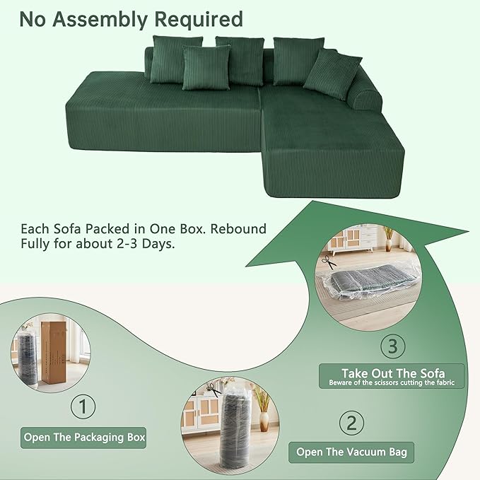 108" Cloud Boneless Couch,Modular Sectional Sofa with Deep Seat L-Shape,Couches for Living Room Bedroom No Assembly Required (Black, Reft Facing Chaise)