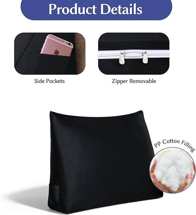 WOWMAX Back Pillow for Bed Sitting up-Bed Wedge Pillow Back Support Pillows for Bed & Sofa Couch, Velvet(100% Cotton), Black