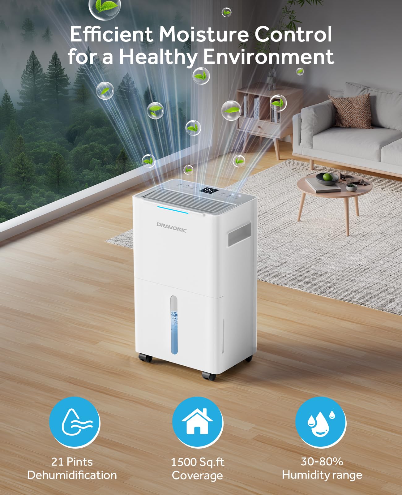 Dravonic 21 Pints Dehumidifier for Basement and Home, Quiet 3-Mode Operation with Continuous Drain Hose, 0.4 Gal Tank, Auto Defrost and 24H Timer for Bedrooms and Bathrooms (White, 21 Pints)