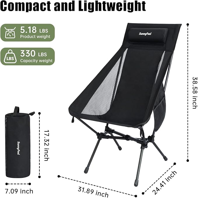 SUNNYFEEL High Back Camping Chair, 15 Second Setup Frame, 330lb Capacity, Portable Backpacking Chair, Lightweight & Compact Folding Camp Chair for Hiking Camping, Black