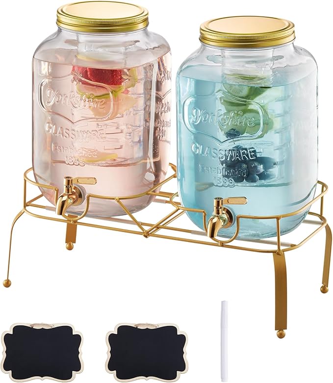 VEVOR Beverage Dispenser, 2 Pack 2 Gallon Drink Dispensers for Parties, Glass Juice Dispenser with Metal Stand, Stainless ...