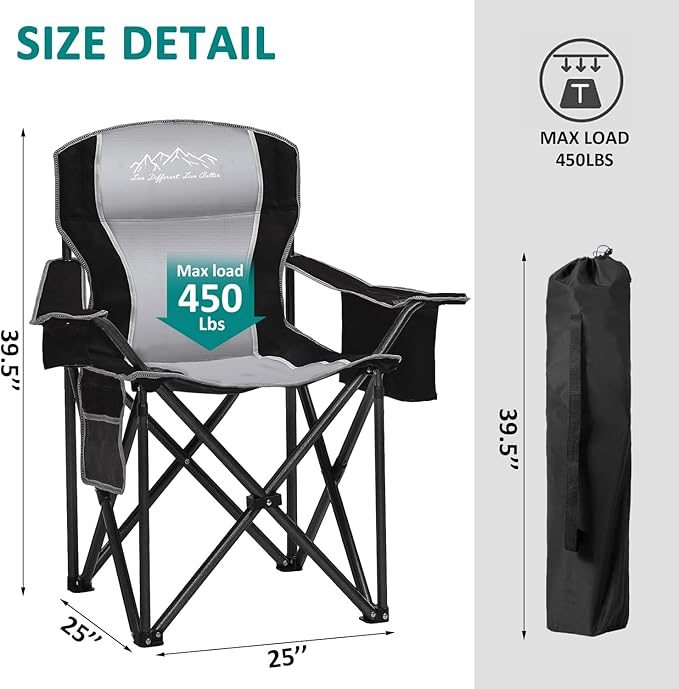 SAILARY Folding Camping Chair Portable Outdoor Heavy Duty Padded Chairs Lawn Chair with Cup Holder, Storage Pocket and Cooler Bag, Supports 450LBS Black