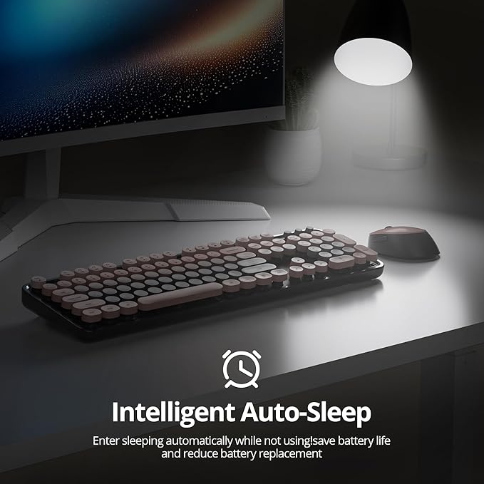 Wireless Keyboard and Mouse Set, Retro Typewriter, 2.4GHz Full Size 104-Key Cute Keyboard with Number Pad, Colorful Keyboard with Round Keycaps for Windows PC Laptop(Raspberry)