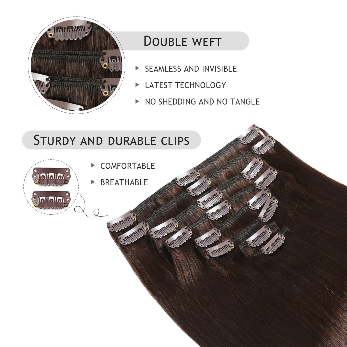 Yilite Clip in 18 Inch 120g 8pcs Real Human Hair Natural Silky Double Weft Hair Extensions (18inch #2 Dark Brown)