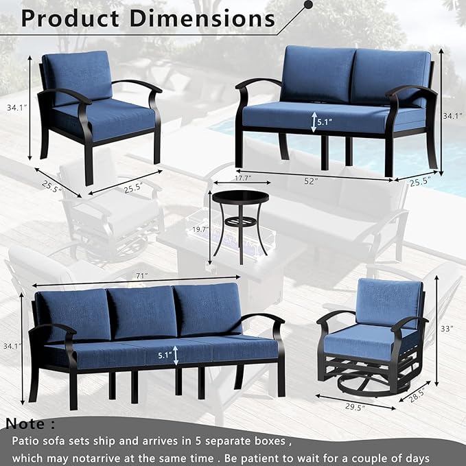 RTDTD Aluminum Outdoor Patio Furniture Set,5 Pieces 7 Seats Patio Conversation Sets with 45" Propane Fire Pit Table,Metal Patio Sectional Furniture Set w/5.1" Cushions,Navy Blue