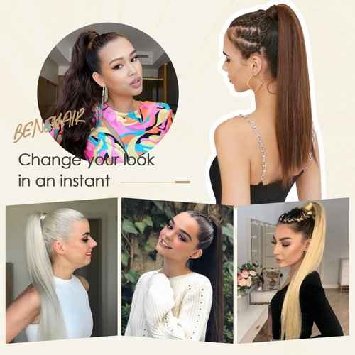 Benehair Ponytail Extension Wrap Around Ponytail Hair Extension with Magic Paste Human Hair Natural 14inch Long Straight One piece Hairpieces for Women Adding Volume Bleach Blonde #613