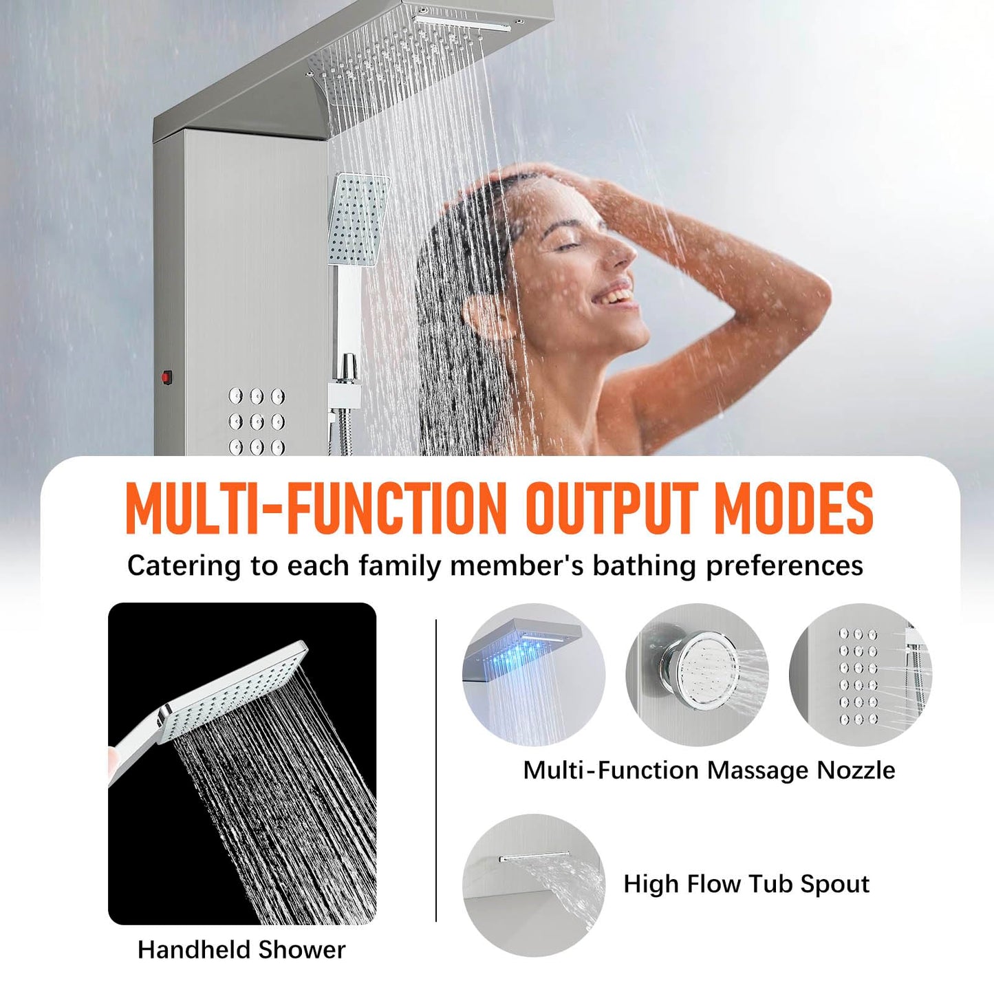 Fuz LED Shower Panel Tower System, 5 Function Stainless Steel Brushed Nickel Shower Tower with Rainfall Shower Head and Handheld, 4 Body Jets and Waterfall Tub Spout, High Pressure Shower Column