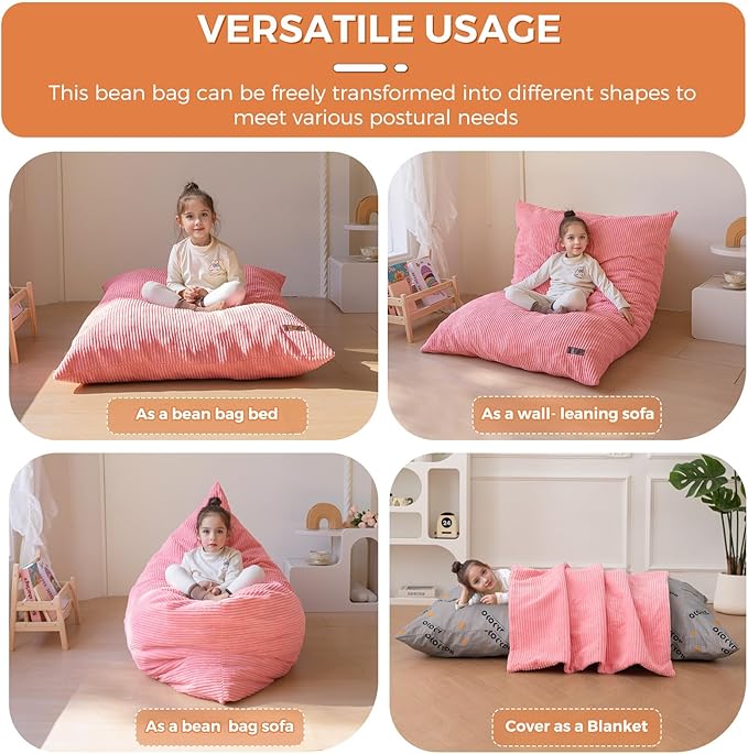 MAXYOYO 3 in 1 Kids Bean Bag Chair Bed, Convertible Chair Folds from Bean Bag to Lounger, Child Floor Sofa for Gaming, Reading, Floor Mattress with High-Density Foam Filling
