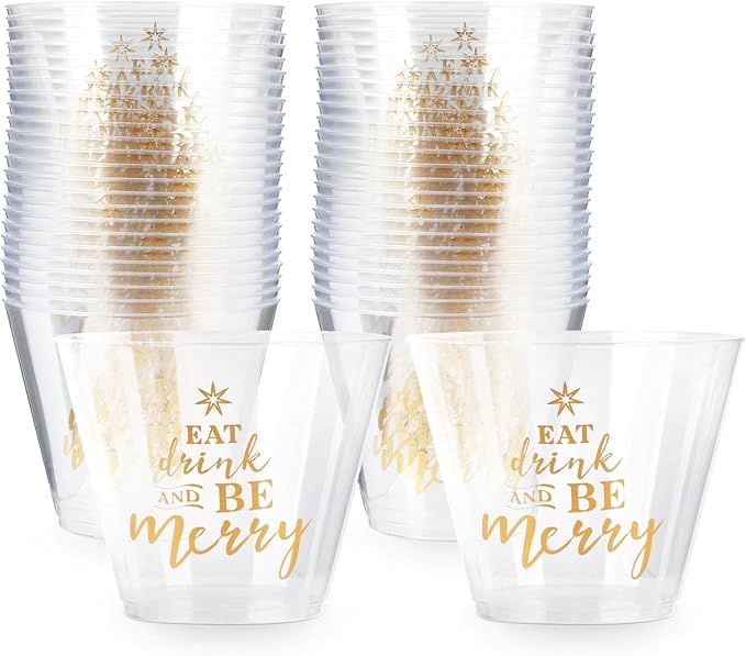 Sparkle and Bash Clear Plastic Cups - Festive Print for Eat, Drink & Be Merry Party Supplies - Durable Plastic Cocktail Gl...