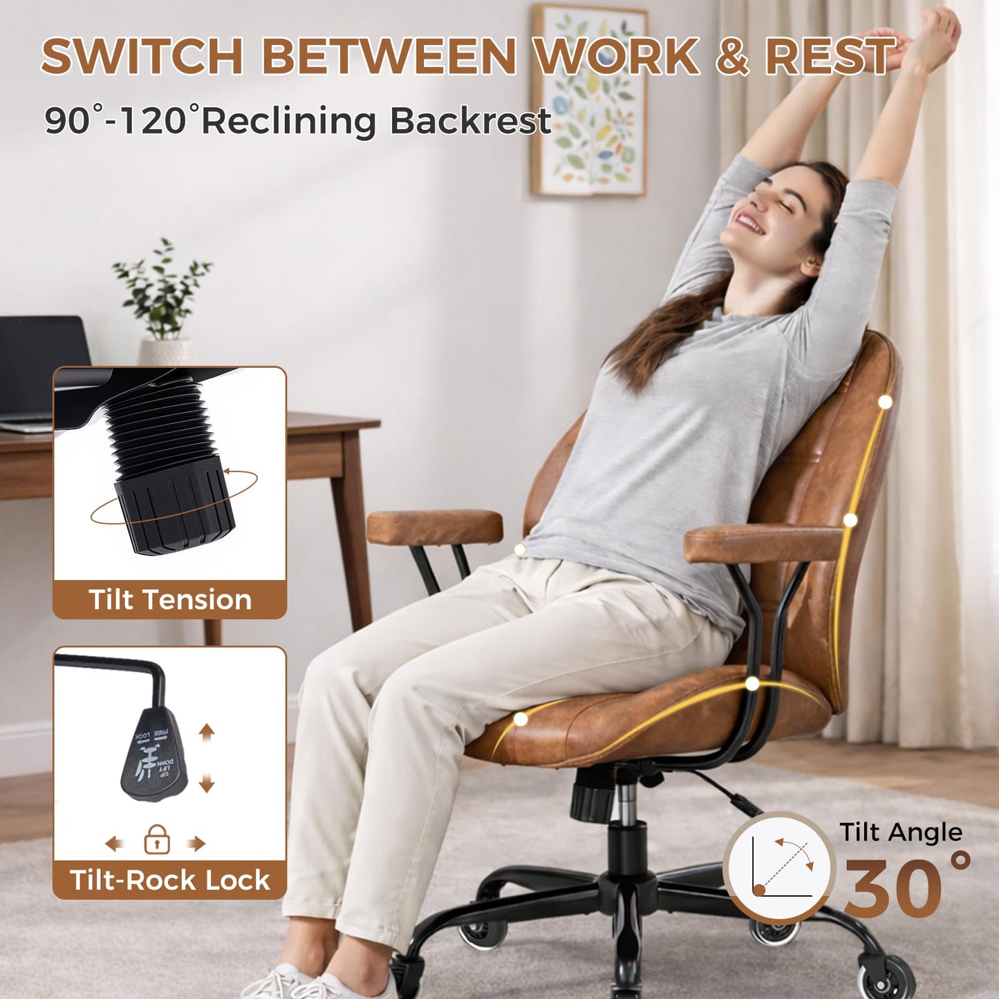 YUNSCEND Brown Leather Office Chair with Quiet Rubber Wheels and Lumbar Support, Mid-Back Ergonomic Desk Chair with Removable Armrests, Height Adjustable Computer Chair for Home Office