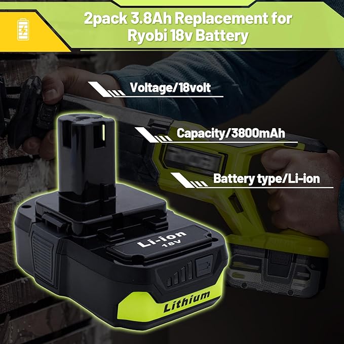 Upgrade 1-Pack 3800mAh Battery Replacement for Ryobi 18V Battery Compatible with P102 P103 P104 P105 P107 P108 P109 P190 P122 for Ryobi 18 Volt Cordless Power Tools