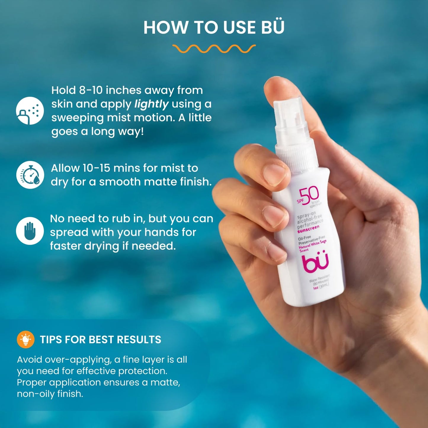 BU SPF 30 Sunscreen Spray for Face and Body, Non Aerosol Spray, Clear WOWmist, TSA Travel Size Sunblock, Oil Free and Water Resi