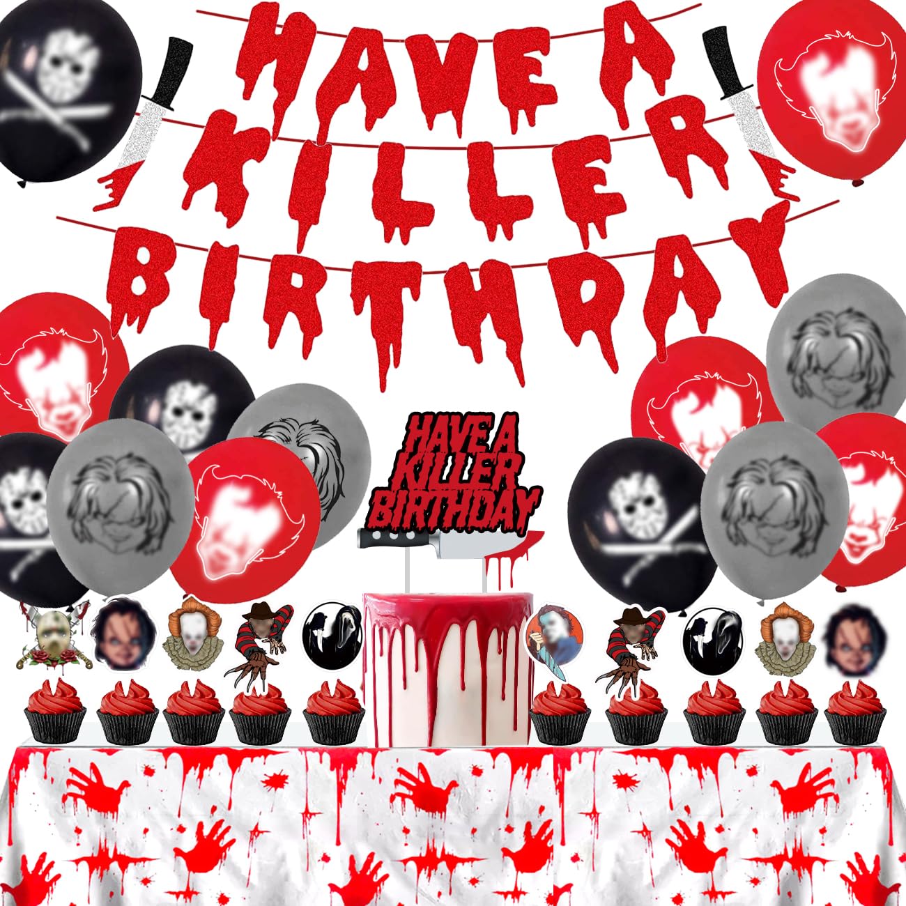 Have a Killer Birthday Party Decorations Bloody Birthday Banner Tablecloth Cake Topper Balloons for Halloween Horro Birthday Party Supplies