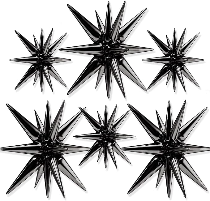 PartyWoo Black Star Foil Balloons 6pcs Different Sizes Pack of 27 22 Inch Large Black Explosion Spike Mylar Balloons for G...