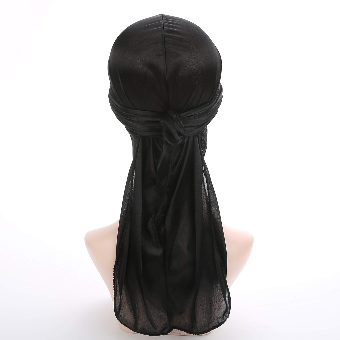 Fxhixiy Men Women Durag Extra Long-Tail Headwraps Silky Satin Pirate Cap Bandana Hat for 360 Waves Black