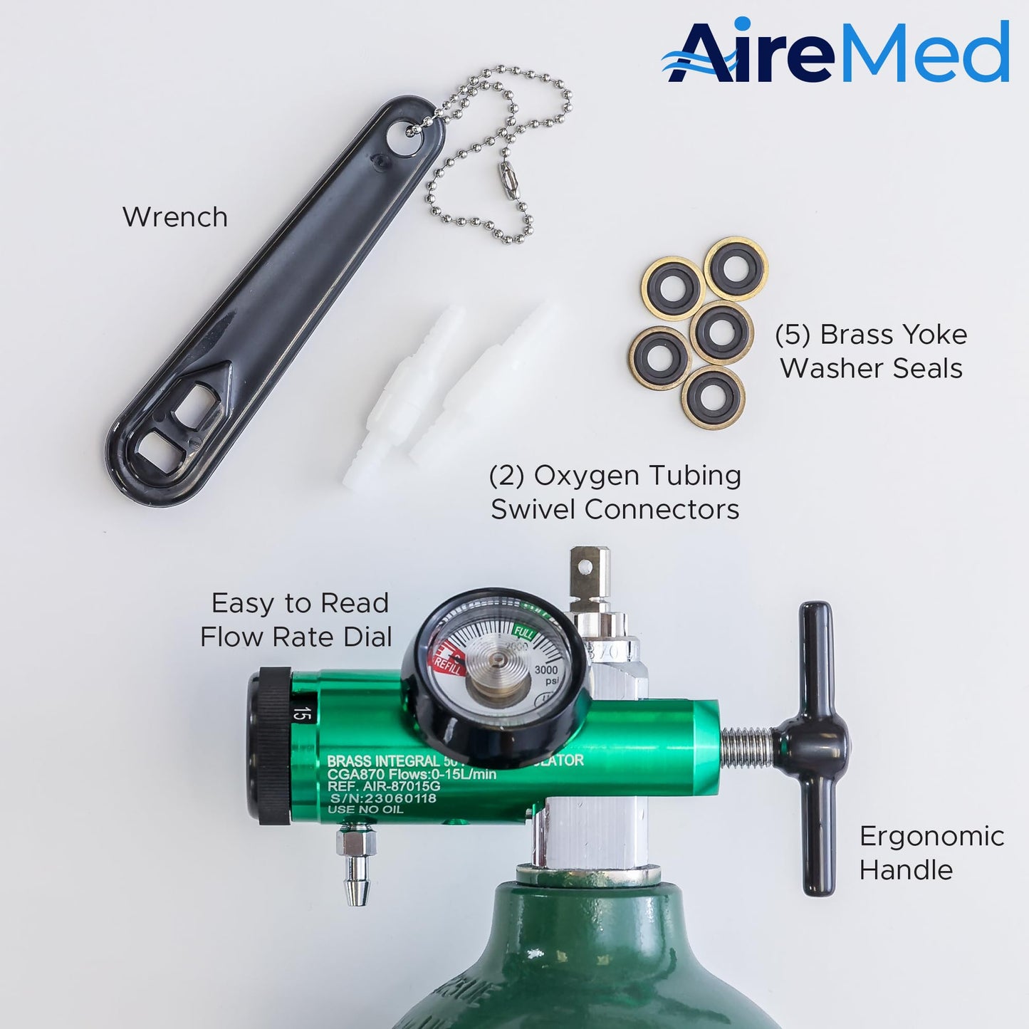 AireMed Oxygen Regulator 0-15LPM, CGA-870 Gauge Flow Rate – Includes Wrench Key, 5 Brass Yoke Washer Seals, and 2 Oxygen Tubing Swivel Connectors - Ergonomic Handle Design – Green