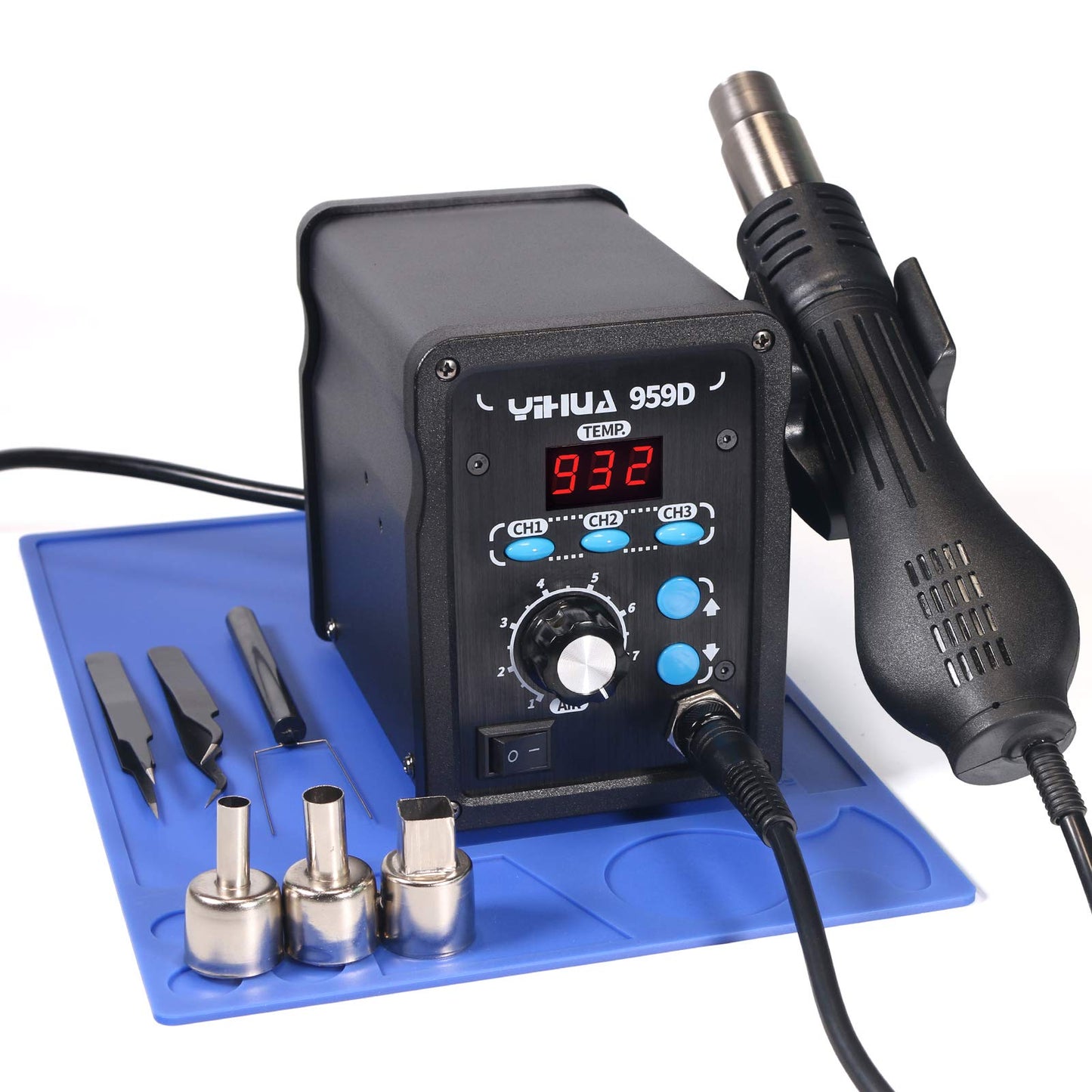 YIHUA 959D-Digital Hot Air Rework Station, High Power with 3 Memories, Airflow Efficiency, °F /°C Display, Accurate Temp.(212°F~932°F), Brushed Aluminum Panel & Safety Features