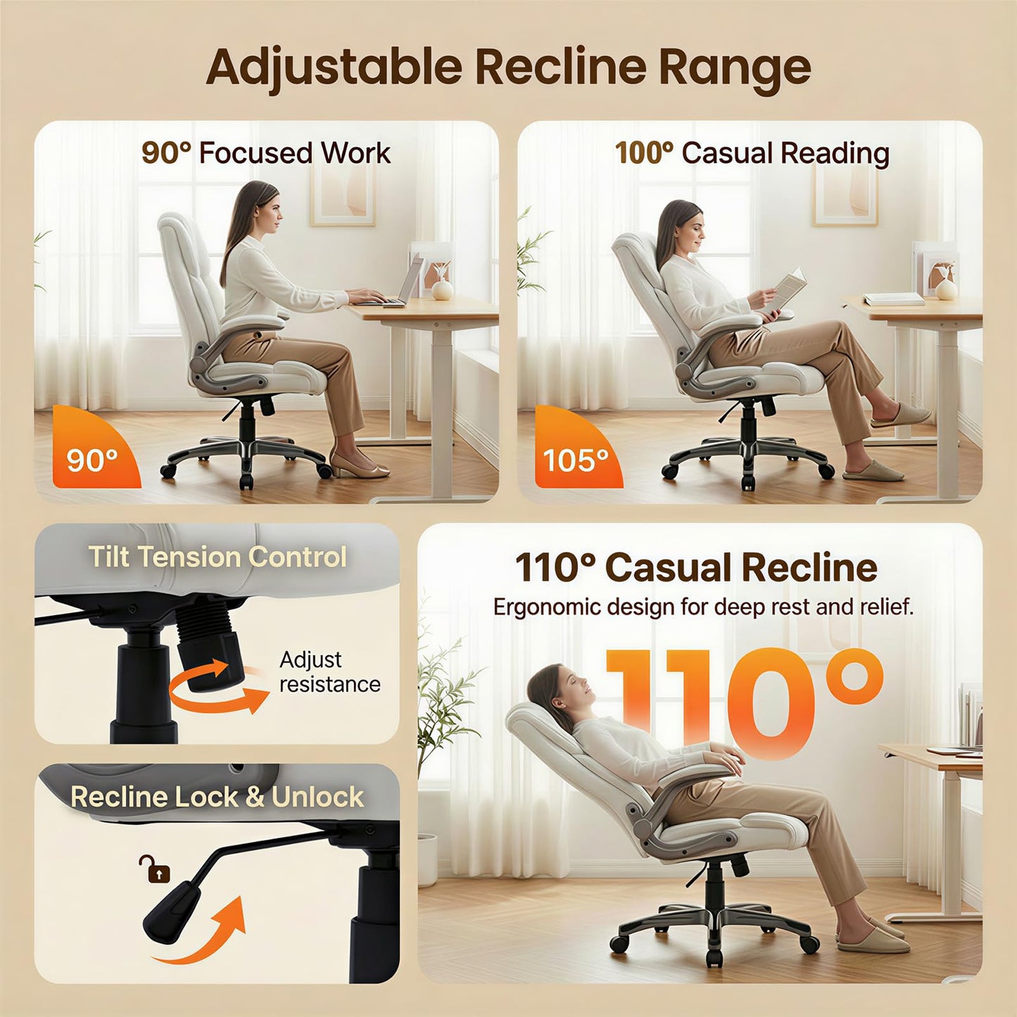 COLAMY Ergonomic Executive Office Chair, High-Back PU Leather Desk Chair with Flip-Up Armrests, Adjustable Inflatable Lumbar Support, Thick Seat Cushion, 90–110° Recline, Pearl White