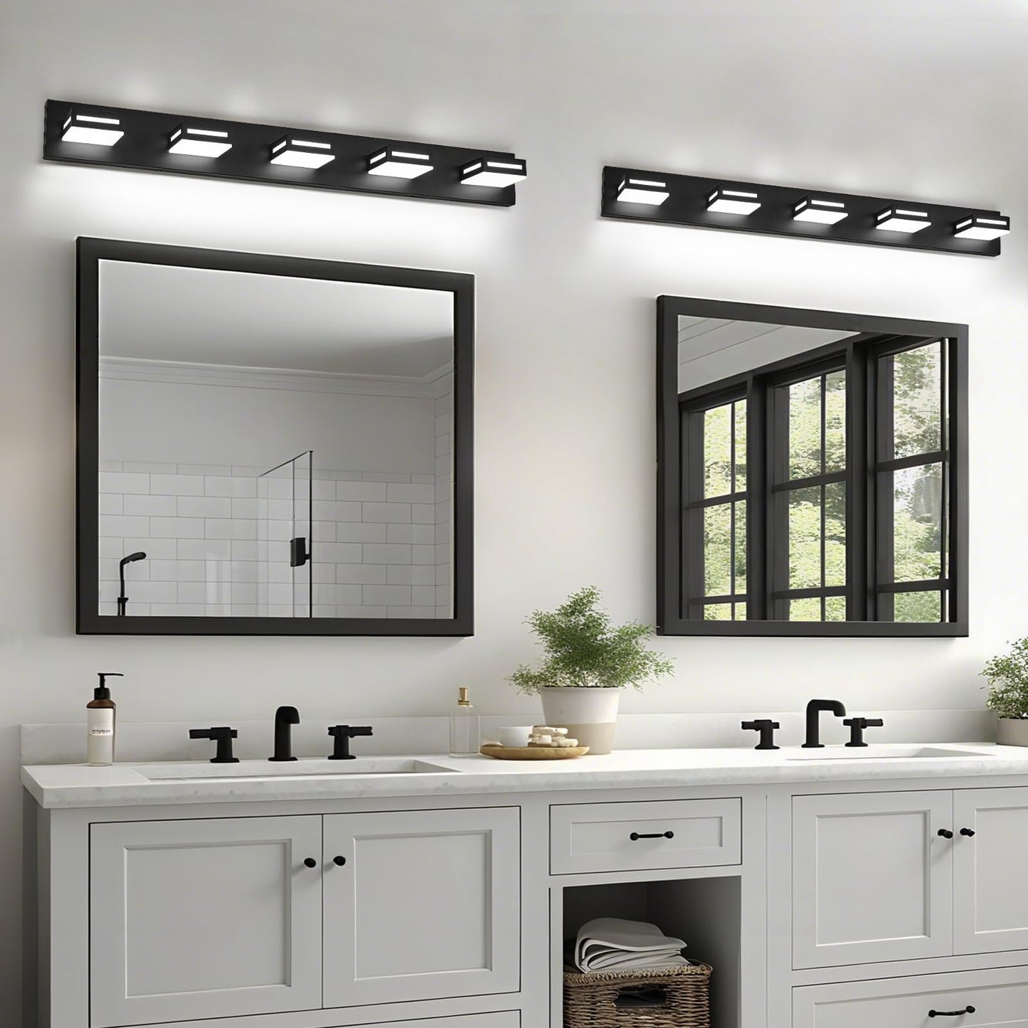 Donrao 40-Inch 5-Light LED Modern Black Bathroom Vanity Light Fixtures Over Mirror, Bathroom Lighting Fixtures with Cool White 6000K, Vanity Wall Lights for Bath Restroom Powder Room
