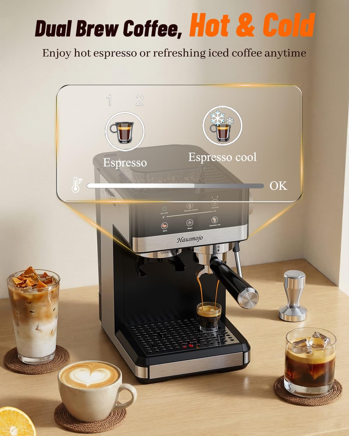 Hausmojo Espresso Machine with Grinder, 20Bar Expresso Coffee Machines with Milk Frother, Professional Compact Stainless Steel Coffee Maker for Espresso, Latte & Cappuccino, Perfect for Home Use
