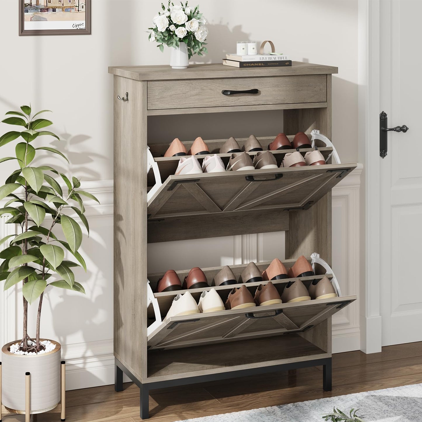 Jocoevol Shoe Storage Cabinet with 2 Flip Drawers, Narrow Shoe Cabinet for Entryway with 1 Top Drawer, Freestanding Hidden Shoe Rack Cabinet with Metal Legs for Foyer, Hallway (Grey)