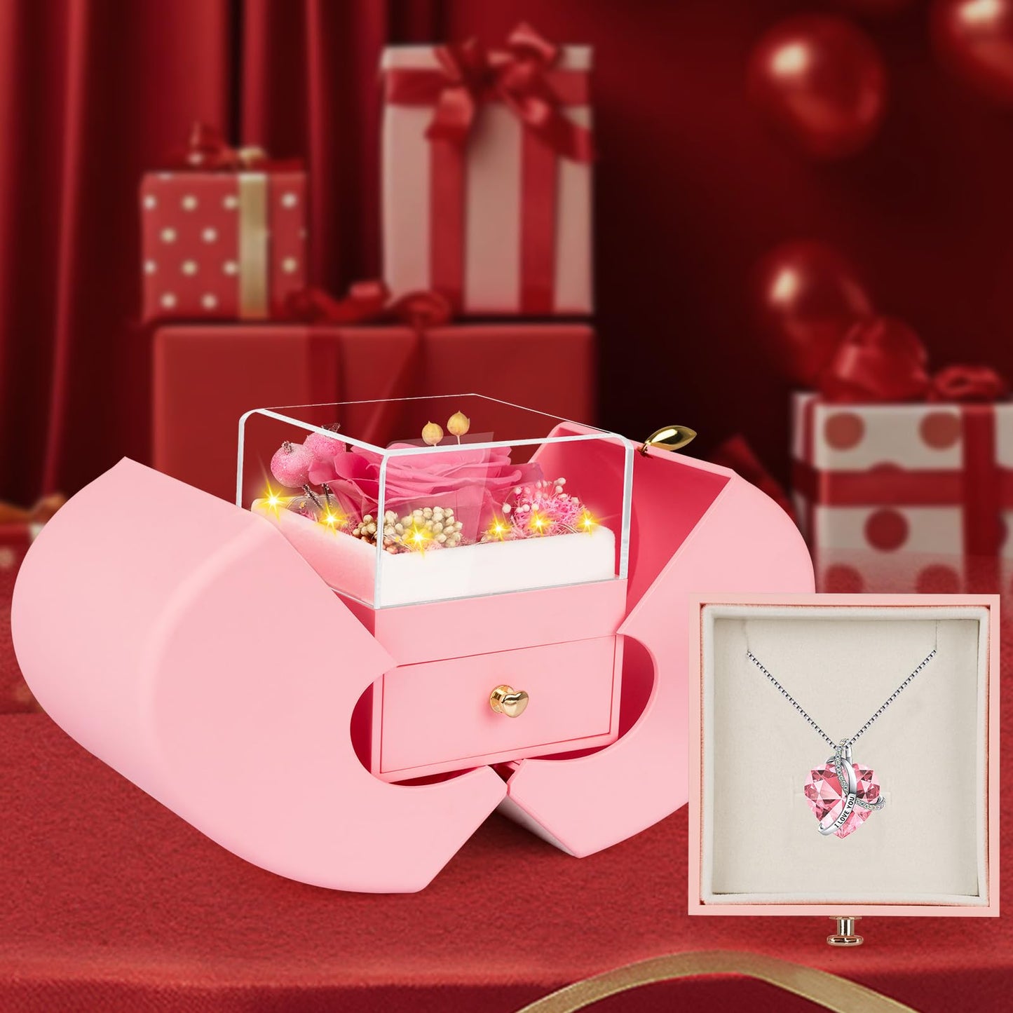 BNWXOY Preserved Real Pink Rose Birthday Gifts for Women Her Mom Wife Girlfriend Grandma with l Love You Necklace Eternal Forever Rose Flowers on Anniversary Valentine's Day Mothers Day Christmas