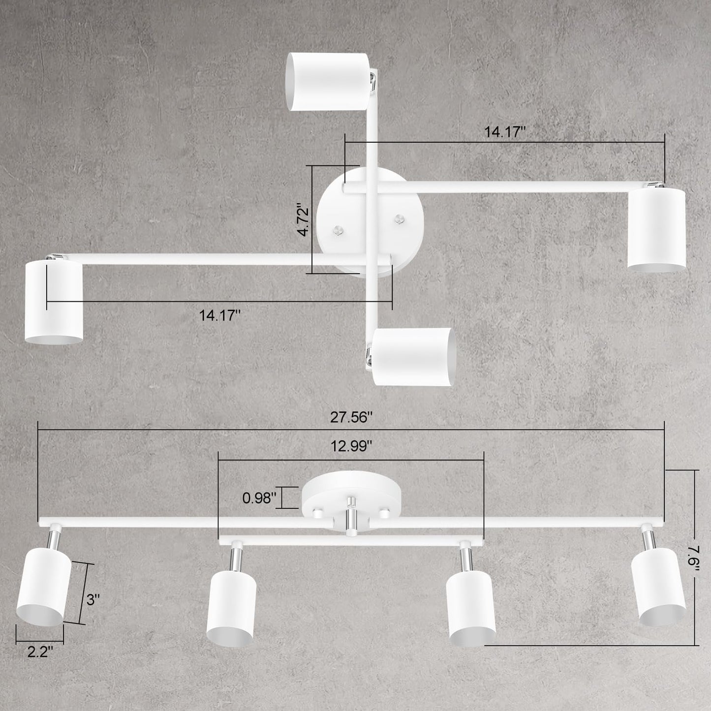 4 Light Track Lighting Kit Kitchen, White Track Lighting Fixtures Ceiling, 4 Way Modern Flexible Spot Track Lighting, Industrial LED Lights for Room Hallway Bedroom(GU10 Socket, Bulb Not Included)