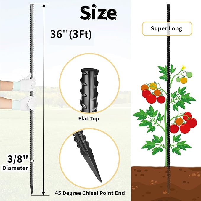Besitu Rebar Stakes 36 inches 16-Pack Concrete Form Stakes Straight 3/8" Diameter Rebar Ground Metal Stakes for Landscaping, Securing Fence, Garden Plants Support, Survey Markers and Securing Trees