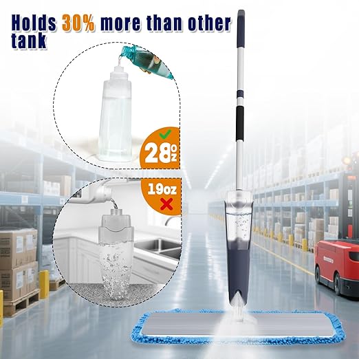 24" Dry mops for Floor Cleaning, Microfiber mop Spray System, Commercial Heavy-Duty Wet mops with 28oz Big Tank, 2 Washable Pads, Restaurant, Lobby, Pool, Factory, Office, Warehouse, Concert, Library