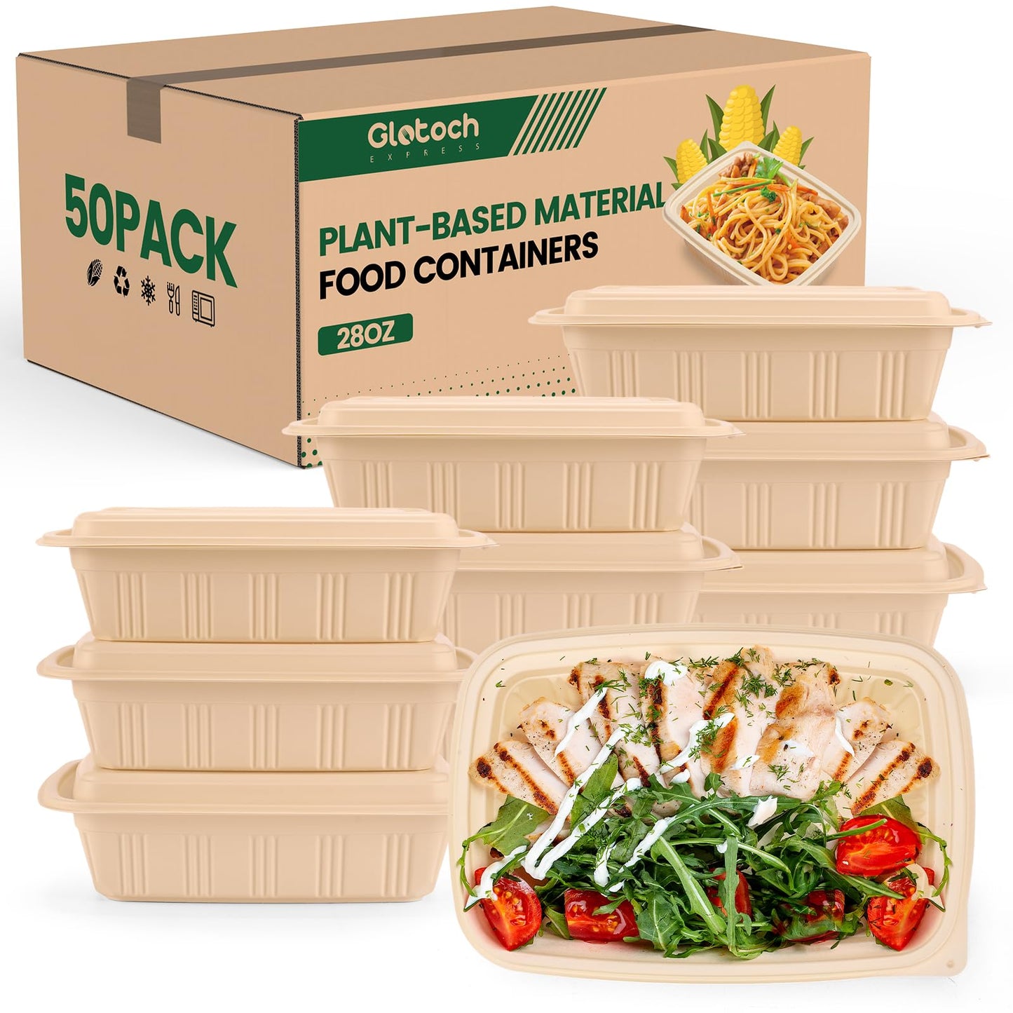100 Piece (50 Pack) Meal Prep Containers with Lids, 28 oz Cornstarch Food Storage Containers Plant-based Lunch Box for Salad,BPA Free Plastic Take Out Containers Microwave and Freezer Safe