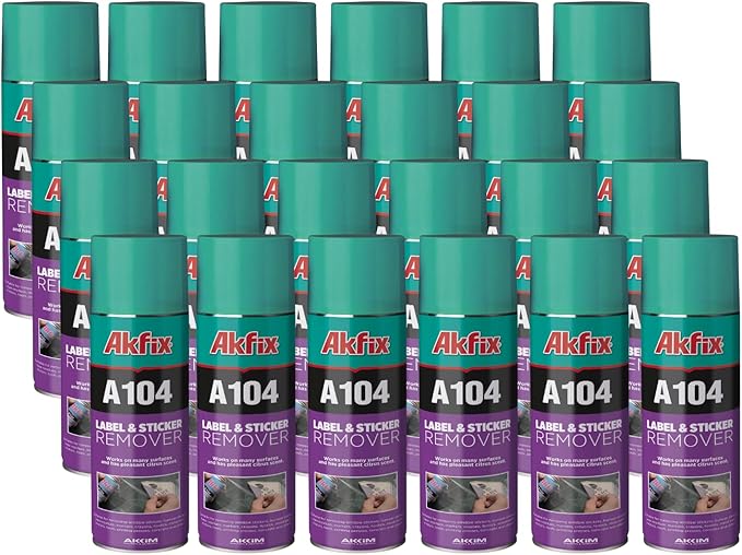 Akfix A104 Sticker Remover Spray - Cleaning Labels on Wood, Glass & Plastic - Safe Decal Remover for Tape, Residue, Gum and Stain Marker, Glue Eraser with Citrus Oil Spray | 6.7 Oz. 24 Pack