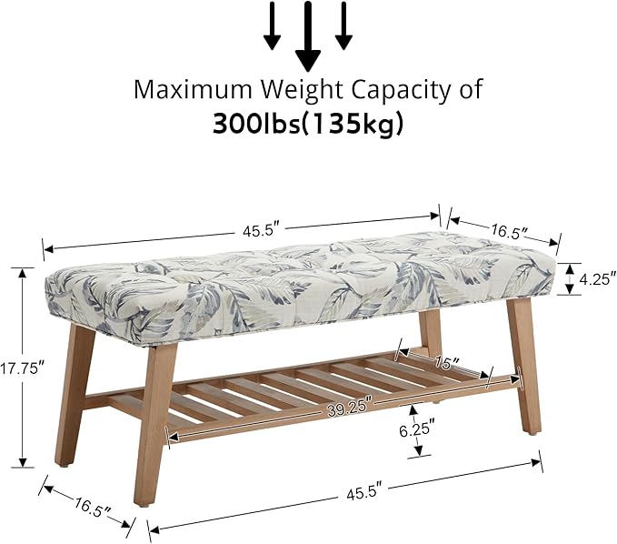 Janoray Entryway Shoe Bench Storage Benches with Upholstered Button Tufted Seat and Open Slatted Shelf Linen Shoe Rack for Hallway Living Room Bedroom End of Bed, Pattern