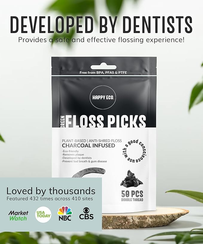 Dental Floss Picks (100pcs) - Flossers for Adults, Vegan Corn-Straw Handle, Superior Oral Care & Anti-Shred Thread, Dental Hygiene, Tooth Pick Sticks, Teeth & Gum Health (Charcoal, Double Thread)