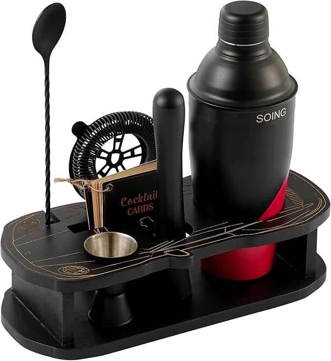 Cocktail Shaker Set with Unique Car-Shaped Wooden Stand,Bartender Kit with 24oz Shaker,Jigger,Muddler,Mixing Spoon,Straine...