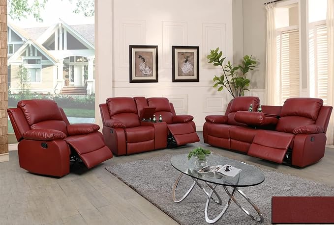 A Ainehome Living Room Furniture Set Leather Recliner Sofa Set Loveseat Chair Furniture Sofa Set for Living Room/Small Space/Rv/House/Office/Theater Seating (A-Red Leather, 3 Piece Set)