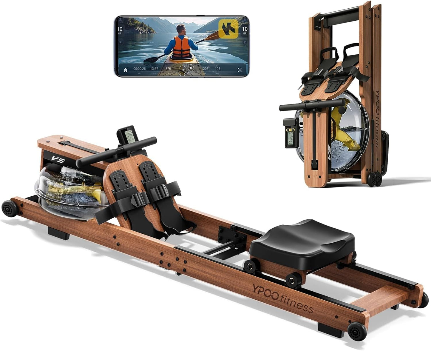 YPOO Water Rowing Machine for Home, Foldable Rower Machines with Comfortable Seat and Quick-Folding Design, Wooden Water Rower with 350LBS Weight Capacity